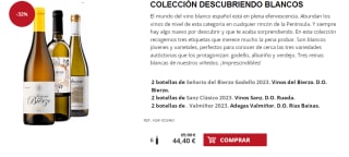 2 botellas de Señorío del Bierzo Godello 2023. Vinos del Bierzo. D.O. Bierzo. + 2 botellas de Sanz Clásico 2023. Vinos Sanz. D.O. Rueda. + 2 botellas de . Valmiñor 2023. Adegas Valmiñor. D.O. Rías Baixas. por 34.4€