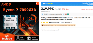 AMD Ryzen 7 7800X3D R7 5,0 GHz 8 núcleos 16 hilos por 319,90€