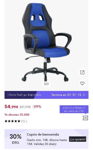 T-Lovendo Silla racing de gaming por 38,49€.