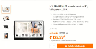 MSI PRO MP161DE mobiele monitor - IPS, luidsprekers, USB-C voor €135,99 bij Nbb