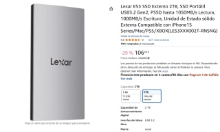 Lexar ES3 SSD Externo 2TB, SSD Portátil USB3.2 Gen2, PSSD hasta 1050MB/s Lectura por 106,49€