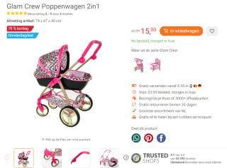 Glam Crew Poppenwagen 2in1 voor €15 bij Lobbes