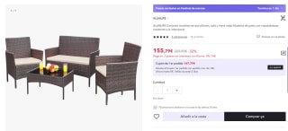 Conjunto muebles terraza sillones, sofá y mesa ratán por 155,79€ (143,79€ cuenta nueva)
