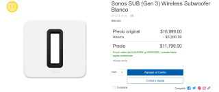 Sonos SUB (Gen 3) Subwoofer por $11,799 | Descuento Costco