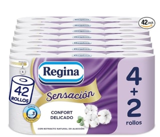 42 Rollos de Papel Higiénico Regina Sensación, 175 Hojas de Triple Capa, Extracto Natural de Algodón Y Delicadamente Perfumado por 15.09€