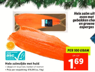 Hele zalmzijde met huid voor €1,69 per 100 gram bij de Lidl