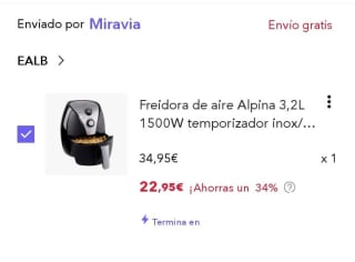 Freidora de aire Alpina 3,2L 1500W por 22,95€.