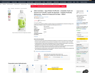 Agua Micelar Purificante Limpiador Facial con Extracto de Té Verde y Aceite de Aguacate 500ml por 2,20€