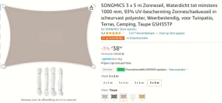 SONGMICS 3 x 5m schaduwdoek met 93% UV-bescherming voor €29,24 dmv code bij Amazon
