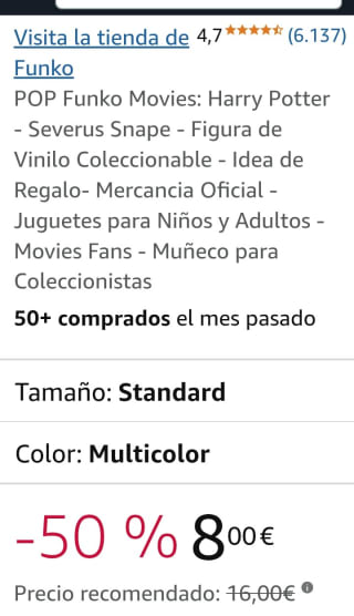 Funko Pop Movies Harry Potter Severus Snape por 8€.