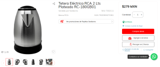 Tetera Eléctrica RCA 2L por $279 en Sanborns