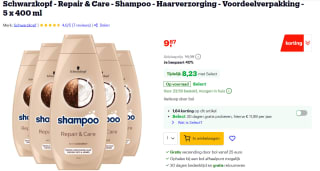 5 x 400 ml Schwarzkopf Repair & Care shampoo voor €7,40 bij Bol