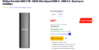 Philips Draagbare externe SSD 1 TB - Ultra Slim SATA Ultra Speed USB-C voor €59,99 bij Bol