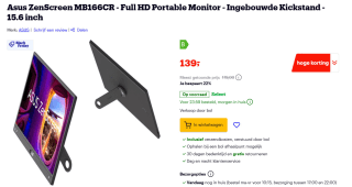 ASUS ZenScreen MB166CR - 15,6 inch - 1920 x 1080 pixels (Full HD) - IPS voor €139 bij Bol