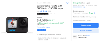 Cámara GoPro Hero 10 5.3K por $4,139 en Mercado Libre