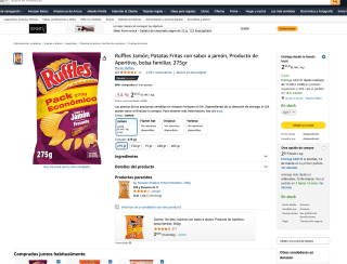 Ruffles Patatas Fritas con sabor a jamón familiar 275gr por solo 2,25€
