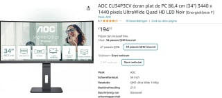 AOC CU34P3CV - Ultrawide Curved QHD VA 100Hz Monitor voor €194,55 bij Amazon