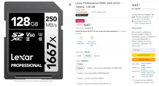 Memoria SD Lexar Professional 128GB por $643 en Amazon