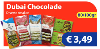 Diverse smaken Dubai chocolade voor €3,50 bij Die Grenze