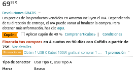 PowerBank Baseus 65W 20000mAh Laptop PD QC 4+ USB-C Entrada y Salida por 41,99€