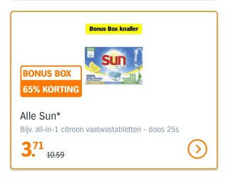 65% korting bij AH op alle Sun (m.u.v. poeder)