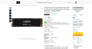 Disco duro Crucial P5 Plus SSD de 1TB 6600MB/s por 67,99€