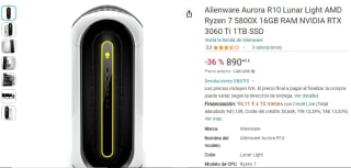 Alienware Aurora R10 Lunar Light AMD Ryzen 7 5800X 16GB RAM NVIDIA RTX 3060 Ti 1TB SSD por 890€