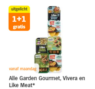 Alle Garden Gourmet, Vivera en Like Meat 1+1 gratis bij de AH