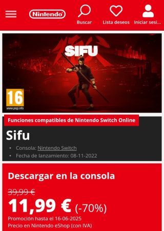 Sifu Nintendo Switch por 11,99€.