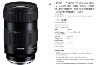 Tamron 17-50mm F/4 Di III VXD (Sony E) voor €560,58 bij Amazon