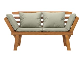 Banco de madera para jardín con reposabrazos abatibles y cojines para el asiento y el respaldo por 59,99€