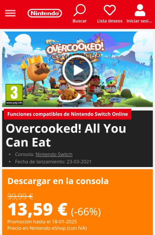 Overcooked! All you can eat Nintendo Switch por 13,59€.