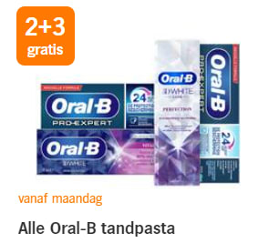 2+3 gratis op alle Oral B Tandpasta bij AH