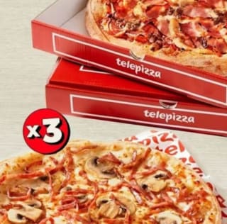 TELEPIZZA 3 pizzas medianas 2 ingredientes masa fina a domicilio desde 15,30€
