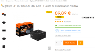 Fuente de alimentación Gigabyte GP-UD1000GM 80+ Gold 1000W por 89,89€