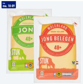 MOLENLAND Goudse kaas 48+ jong en/of jong belegen 740-780 g voor €4,99 bij de Aldi