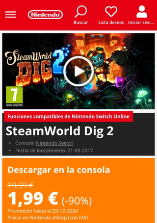 SteamWorld Dig 2 Nintendo Switch por 1,99€.