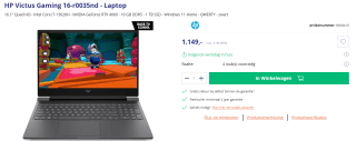 HP Victus Gaming laptop 16-r0035nd voor €1149 bij Azerty