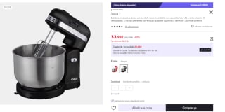 Batidora amasadora Jocca con bowl de acero inoxidable con capacidad de 3.5L y autorrotación, 5 velocidades, 2 varillas diferentes con empuje ajustable izquierda o derecha y 350W de potencia por 33.98€ (Cuenta Nueva 21.98€)