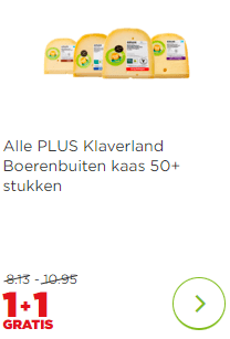 Alle Klaverland Boerenbuiten kaas 50+ stukken 1+1 gratis bij de Plus
