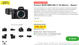 Canon EOS M50 Mark II + M15-45 S Zwart voor €599 bij Proshop