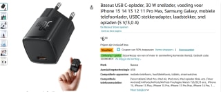 Baseus USB C-oplader 30 W snellader voor €3,49 bij Amazon