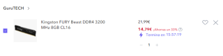Memoria Kingston FURY Beast DDR4 3200 MHz 8GB CL16 por 14,79€