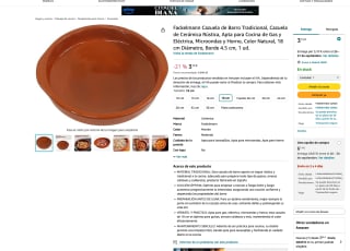 Cazuela de Barro Tradicional Rústica Apta para Cocina de Gas y Eléctrica 18cm por 3,15€