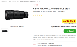 Nikon Z 400mm f/4.5 VR S objectief voor €2.799 bij Proshop