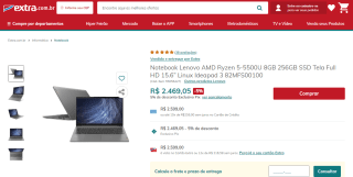 Notebook da Lenovo, modelo AMD Ryzen 5-5500U - R$ 2.469,05