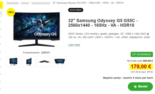 32" Samsung Odyssey G5 G55C - 2560x1440 - 165Hz - VA - HDR10 voor €179 bij Proshop