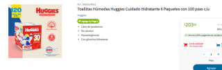 3x2 en Toallitas Húmedas Huggies Cuidado Hidratante 6 Paquetes con 100 pzas c/u