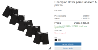 Pack 5 Bóxers Champion Hombre por $367 en Costco