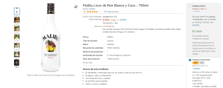 Malibu Licor de Ron Blanco y Coco de 700ml por 8,54€